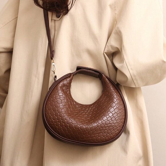 Coffee Brown Vintage Women's Zipper Closure Faux Leather Woven Bag - Picture 2 of 7